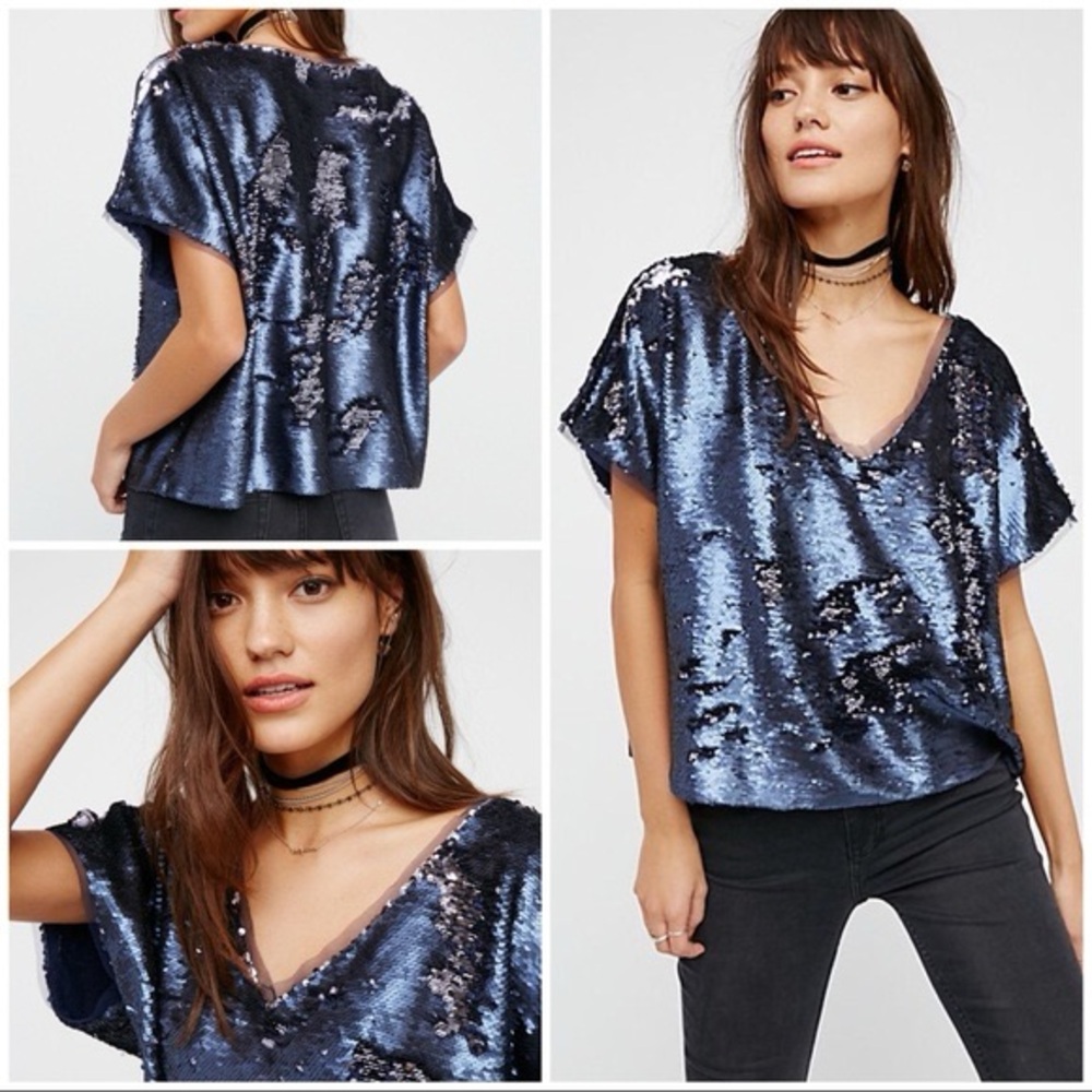 We The Free Sequin V-Neck Top - Blue